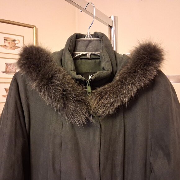 Preowned Utex Design Olive Green Warm Long Coat with Hood Windproof Outerwear - Picture 8 of 16